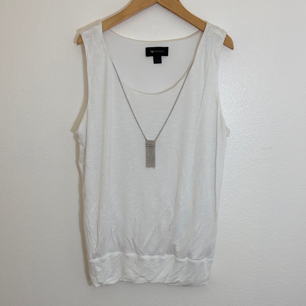 AB Studio White Sleeveless Tank with Tassel Necklace Accent